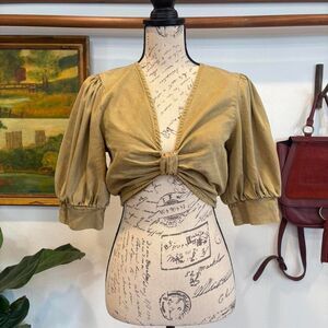 Y2K Olive Cropped Tie Front Blouse | Puff Sleeve Cottagecore Top